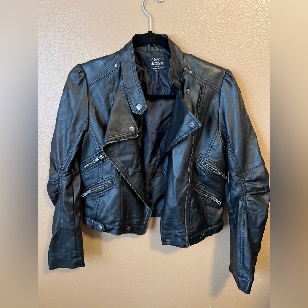 Black faux leather moto jacket